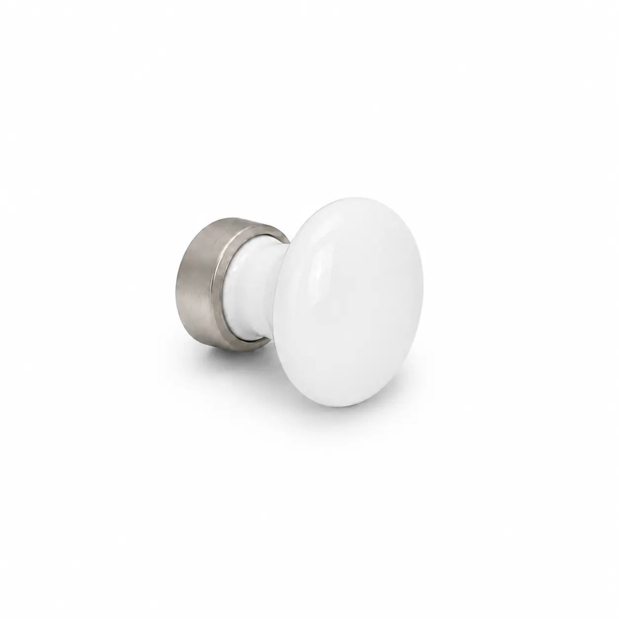 Møbelknop i hvid porcelæn Ø25 mm med mat nikkel satin fod. K20001932