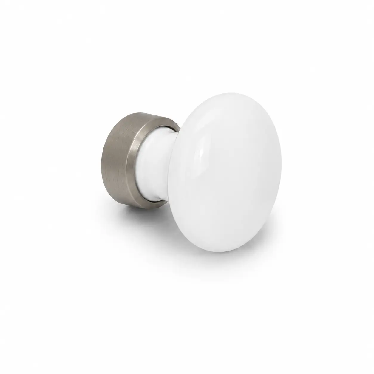 Møbelknop i hvid porcelæn Ø30 mm med mat nikkel satin fod. K20001933