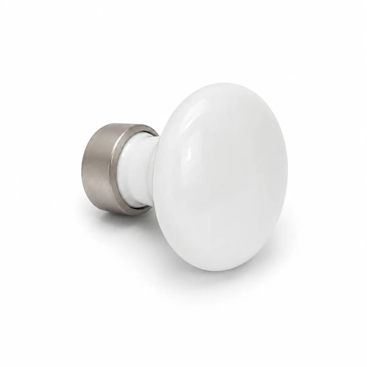 Møbelknop i hvid porcelæn Ø35 mm med mat nikkel satin fod. K20001934